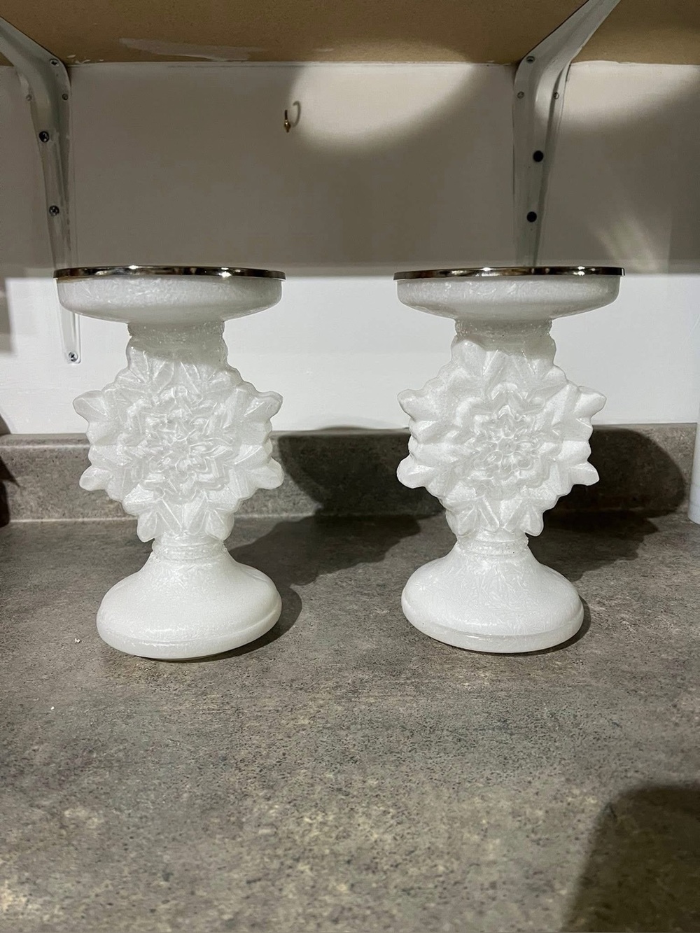 Valerie parr hill snowflake White Milk Glass pair of pedestals with Silver Trim